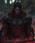 GRID THUMBNAIL — Armoured dark elf with glowing red eyes grips a fiery sword amid swirling smoke, standing before a crumbling gothic cathedral interior.
