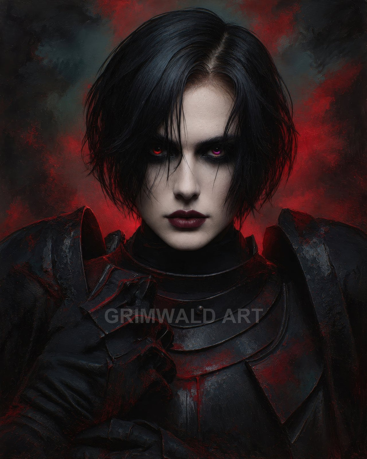 Portrait of a pale, black-haired female knight in dark gothic armour, glowing red eyes against a smoky crimson backdrop, intense and menacing.