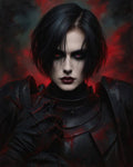 GRID THUMBNAIL — Portrait of a pale, black-haired female knight in dark gothic armour, glowing red eyes against a smoky crimson backdrop, intense and menacing.