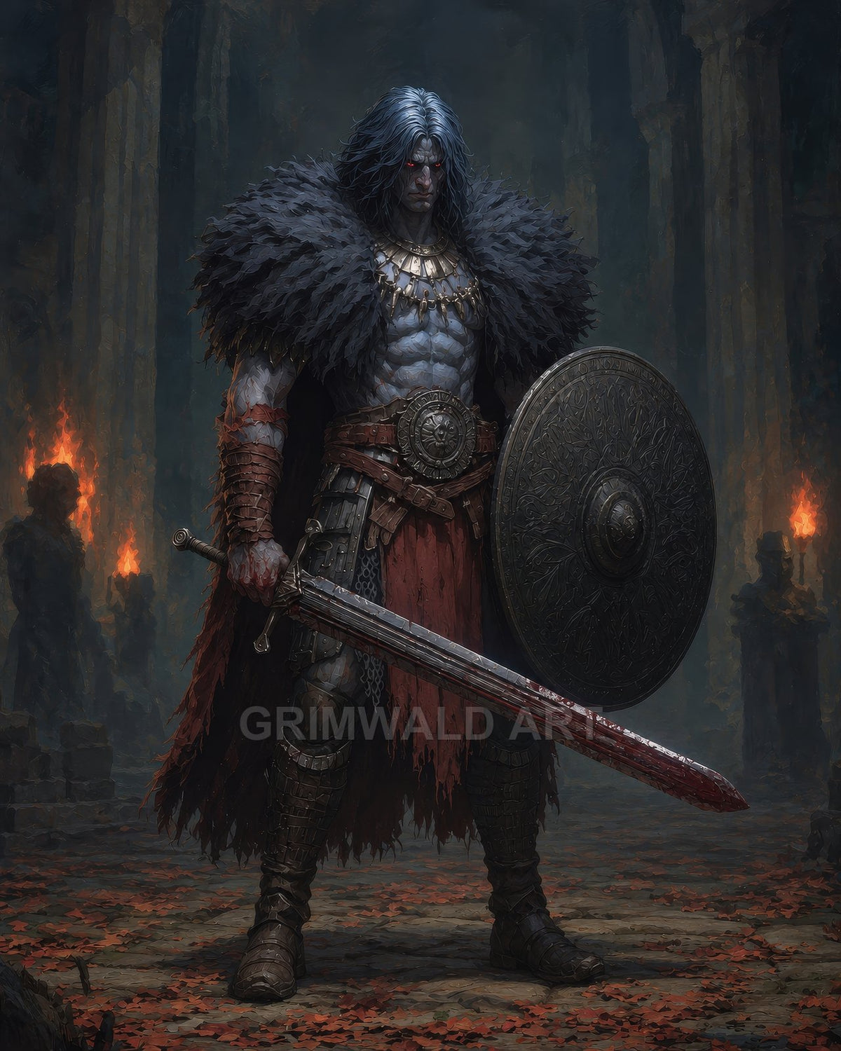 Undead warrior with red eyes, a heavy fur mantle, bloodied sword, and ornate shield stands in torchlit stone ruins strewn with autumn leaves.