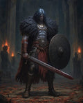GRID THUMBNAIL — Undead warrior with red eyes, a heavy fur mantle, bloodied sword, and ornate shield stands in torchlit stone ruins strewn with autumn leaves.