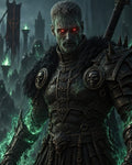 GRID THUMBNAIL — Undead death knight with glowing red eyes in ornate, skull-studded armour, green spectral energy swirling, stands before ruined spires and ghostly wraiths at night.