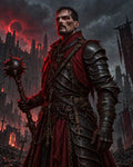 GRID THUMBNAIL — Armoured male warrior with glowing red eyes holds a spiked mace amid burning cathedral ruins under a blood-red eclipse and stormy skies.