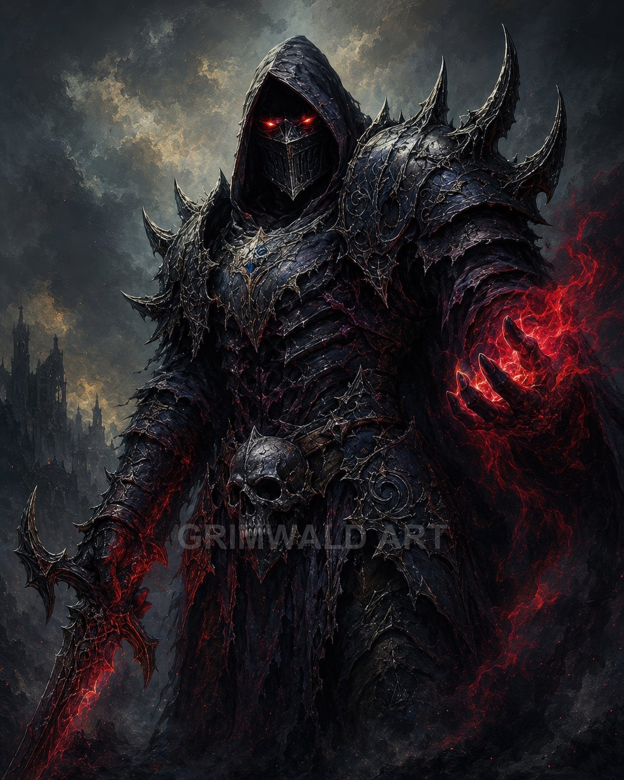 Armoured dark knight with glowing red eyes holds a jagged sword and conjures red energy, standing before stormy skies and distant gothic ruins.