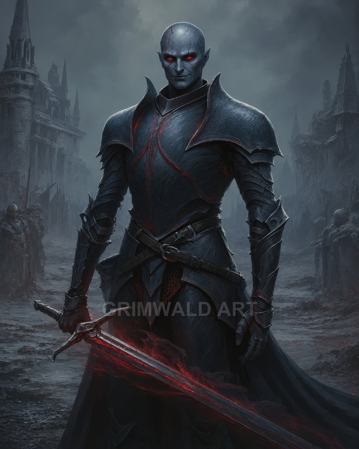 Armoured demon knight with glowing red eyes holds a rune-lit sword amid misty gothic ruins, dark cape flowing in a bleak, desolate landscape.