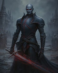GRID THUMBNAIL — Armoured demon knight with glowing red eyes holds a rune-lit sword amid misty gothic ruins, dark cape flowing in a bleak, desolate landscape.