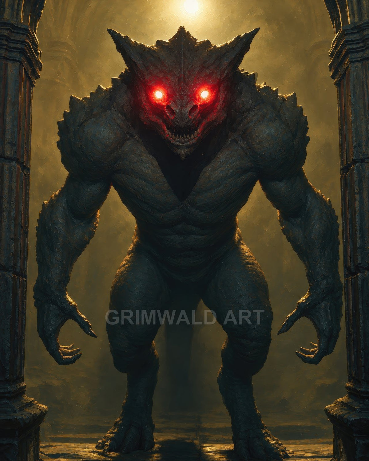 A hulking, scaly demon with blazing red eyes looms between ancient stone pillars in a firelit ruin, claws extended and menacing.