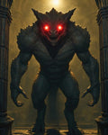 GRID THUMBNAIL — A hulking, scaly demon with blazing red eyes looms between ancient stone pillars in a firelit ruin, claws extended and menacing.