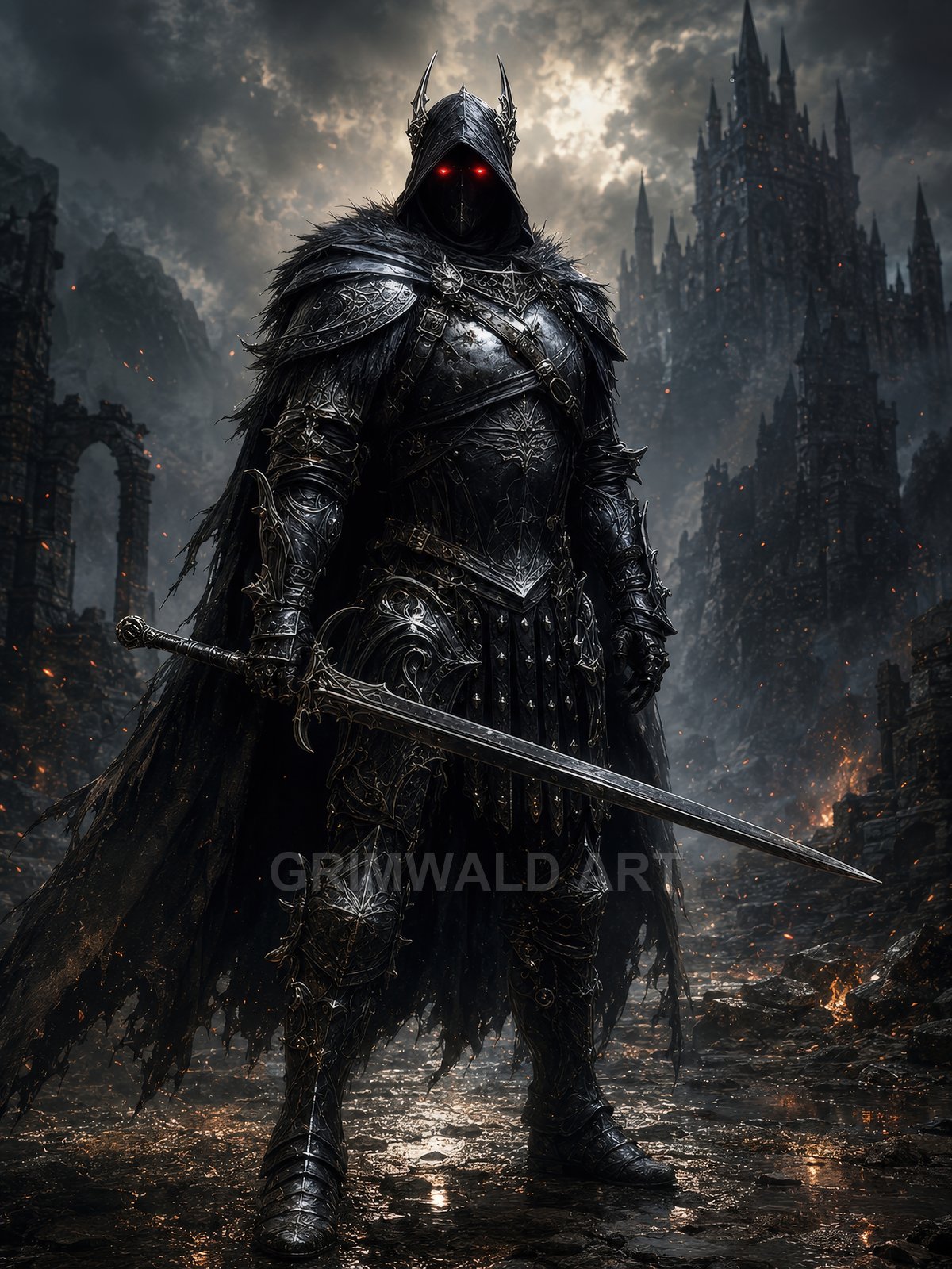 Dark armoured knight with glowing red eyes holds a longsword amid smoking ruins, tattered cloak billowing, looming gothic castle beneath stormy, firelit skies.