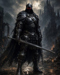 GRID THUMBNAIL — Dark armoured knight with glowing red eyes holds a longsword amid smoking ruins, tattered cloak billowing, looming gothic castle beneath stormy, firelit skies.