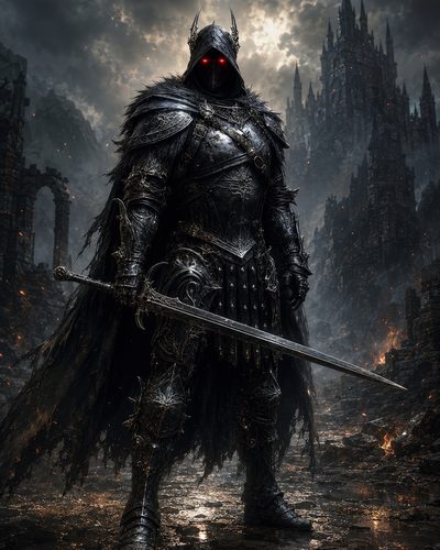 GRID THUMBNAIL — Dark armoured knight with glowing red eyes holds a longsword amid smoking ruins, tattered cloak billowing, looming gothic castle beneath stormy, firelit skies.