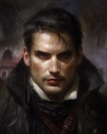 GRID THUMBNAIL — Portrait of a pale, red-eyed man in dark Victorian-style clothing, lit against a moody background, evoking a gothic vampire character.