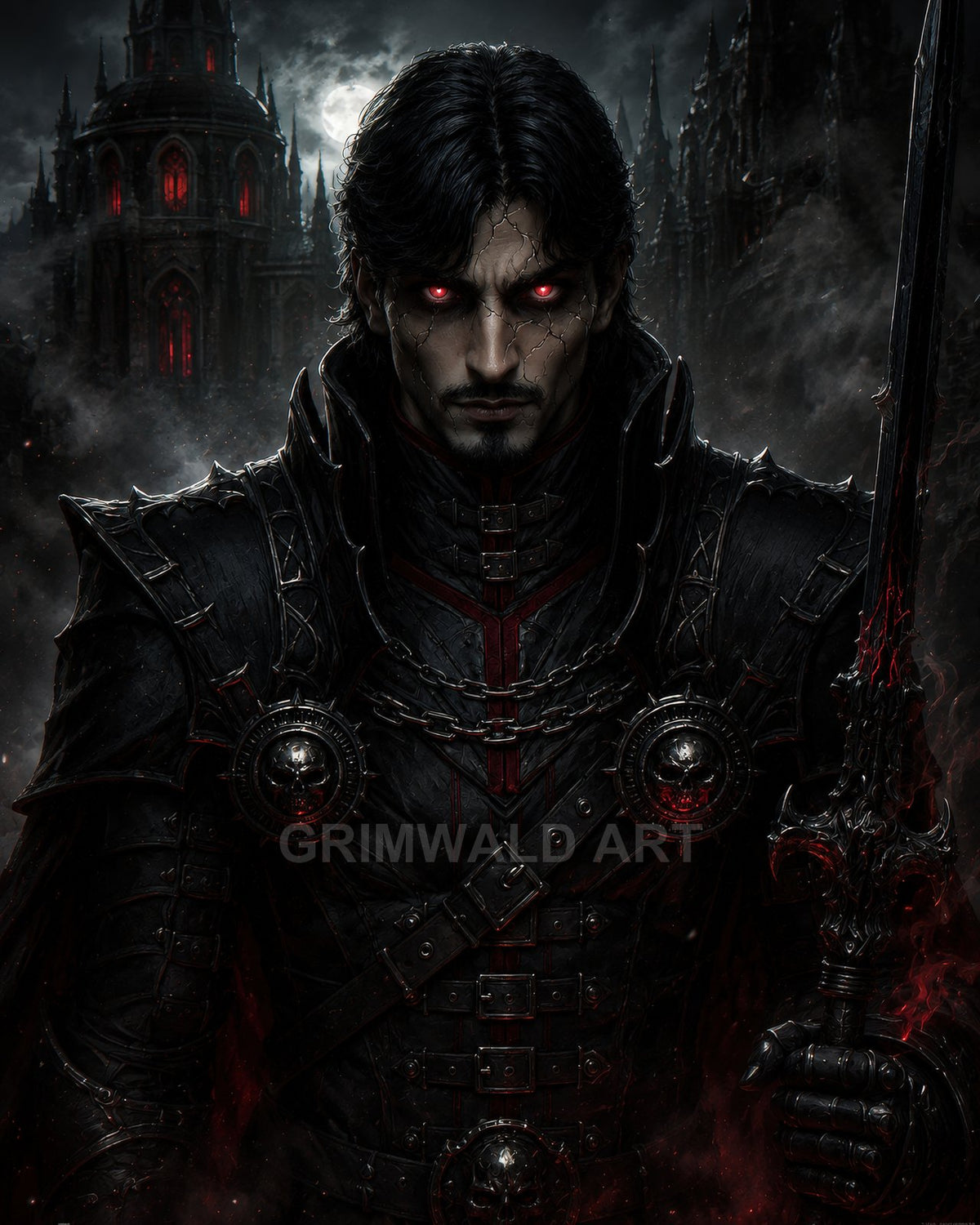 Dark-haired male knight in black gothic armour with glowing red eyes grips a sinister sword before a mist-shrouded cathedral at night.