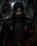 GRID THUMBNAIL — Dark-haired male knight in black gothic armour with glowing red eyes grips a sinister sword before a mist-shrouded cathedral at night.