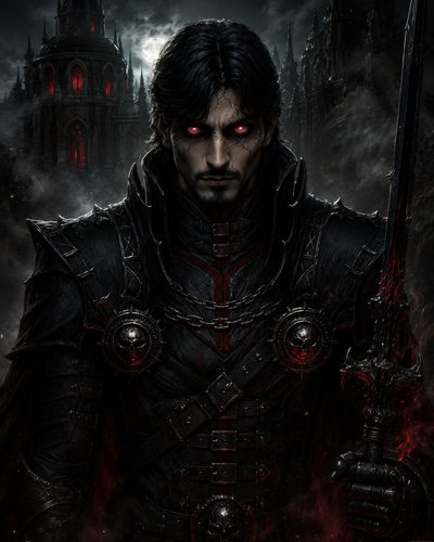 GRID THUMBNAIL — Dark-haired male knight in black gothic armour with glowing red eyes grips a sinister sword before a mist-shrouded cathedral at night.