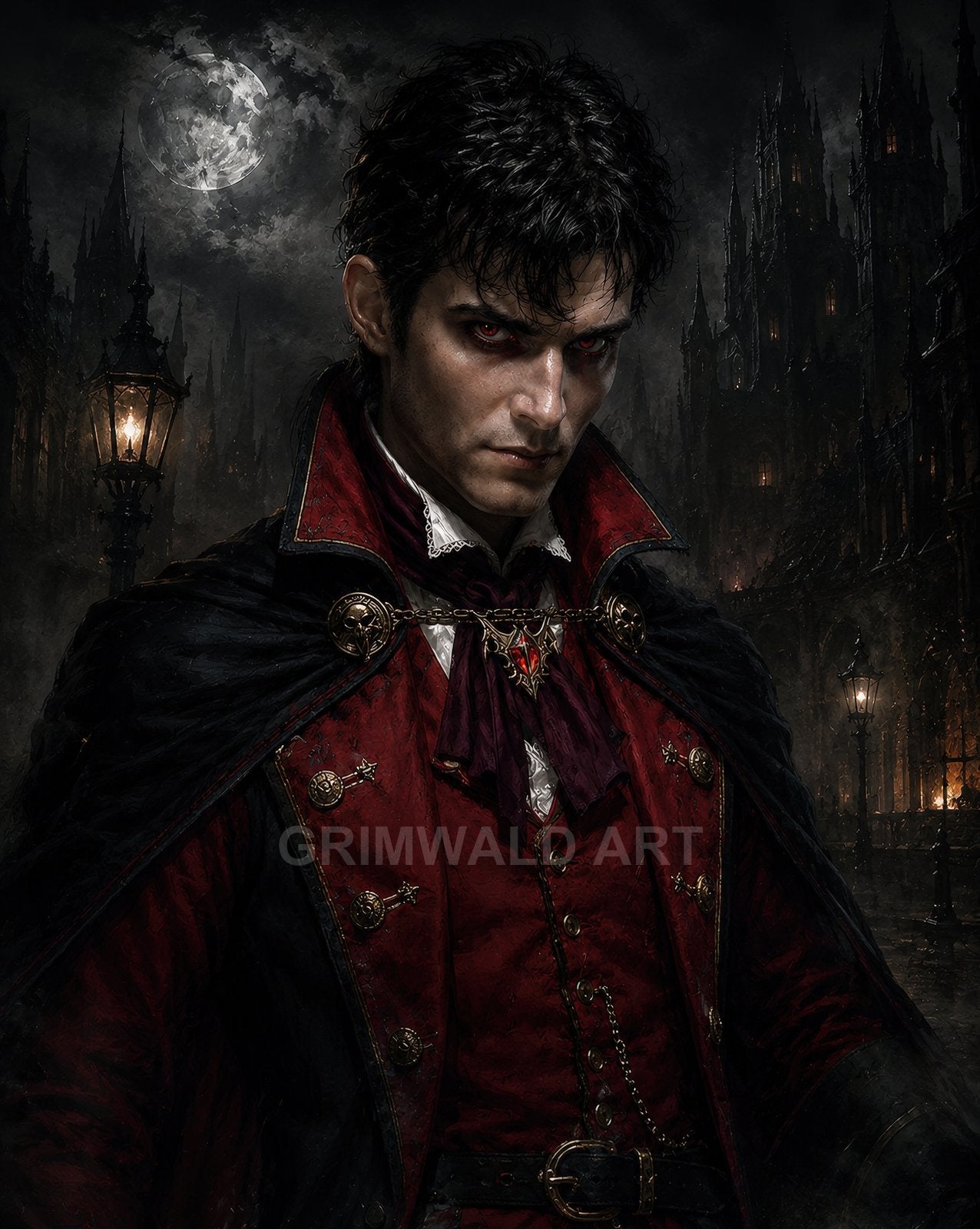 Brooding male vampire in an ornate red coat and black cape stands in a moonlit gothic city street with lamplights and towering spires.