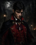 GRID THUMBNAIL — Brooding male vampire in an ornate red coat and black cape stands in a moonlit gothic city street with lamplights and towering spires.