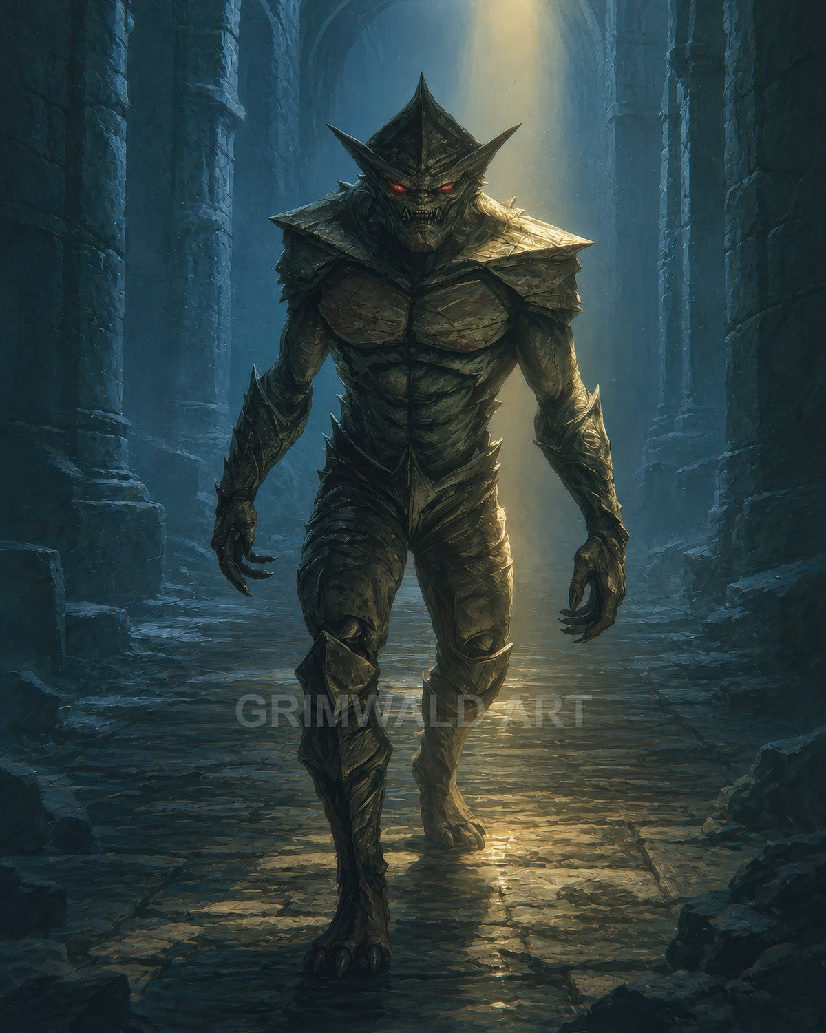 A spiked, stone-armoured demon with glowing red eyes strides through ancient ruins beneath a golden beam of light, claws extended, moody teal palette.