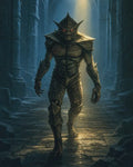 GRID THUMBNAIL — A spiked, stone-armoured demon with glowing red eyes strides through ancient ruins beneath a golden beam of light, claws extended, moody teal palette.