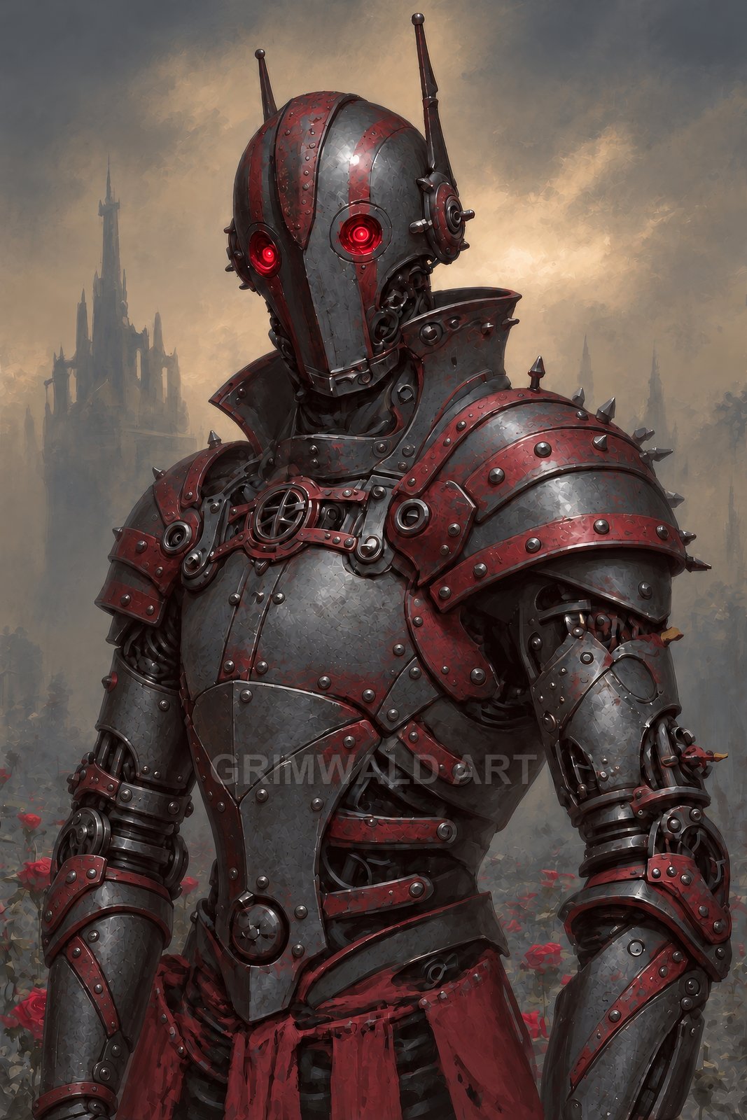 A red-eyed robot knight in spiked steel and crimson armour stands before a misty gothic castle, framed by red roses at twilight.