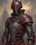 GRID THUMBNAIL — A red-eyed robot knight in spiked steel and crimson armour stands before a misty gothic castle, framed by red roses at twilight.
