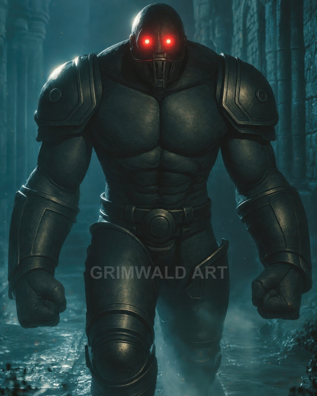 A towering armoured robot with glowing red eyes strides through a misty stone dungeon corridor, its clenched fists and heavy plating radiating menace.