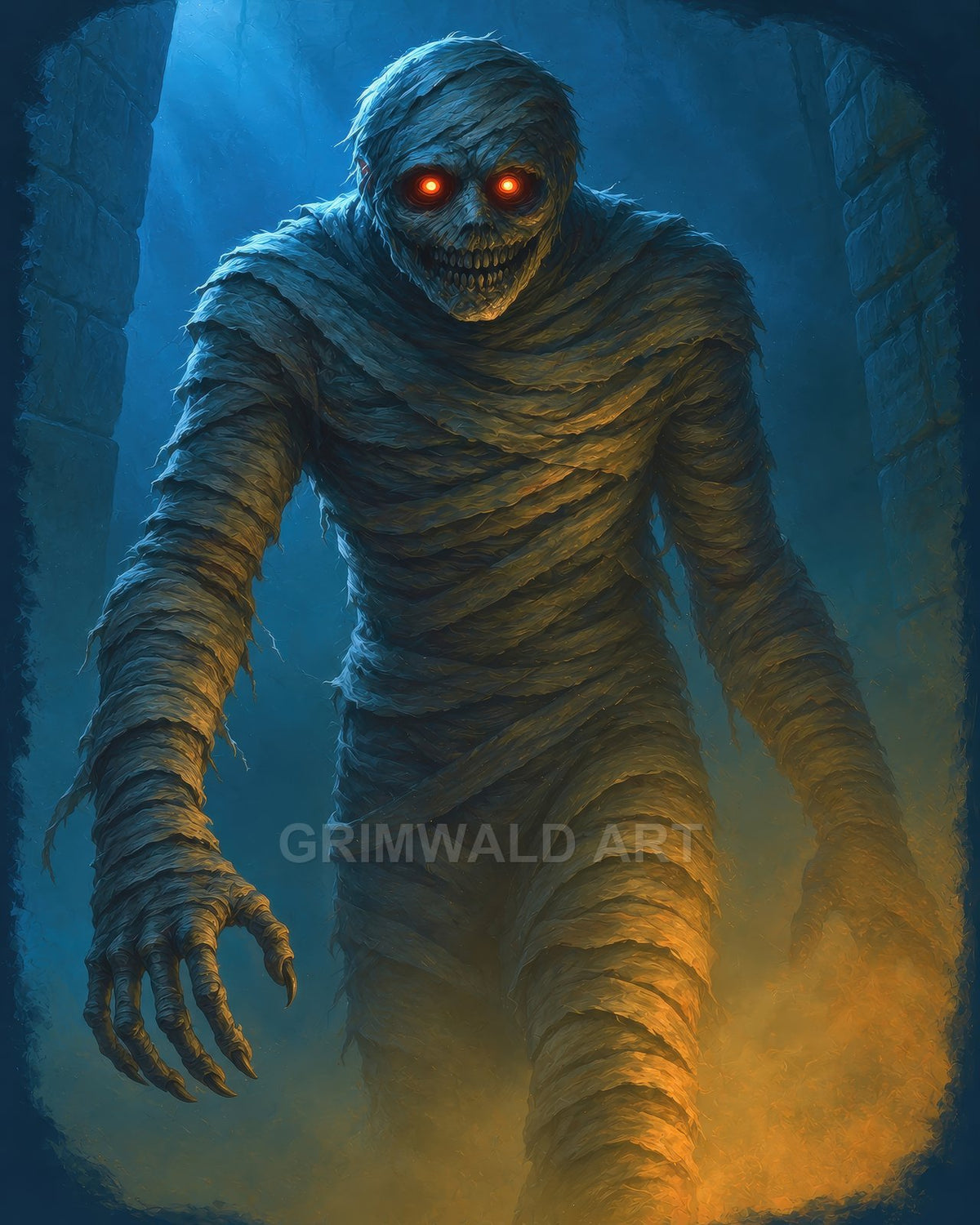 Towering mummy wrapped in frayed bandages with glowing red eyes strides through a stone crypt, lit by cold moonlight and warm rising firelit dust.