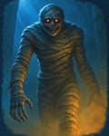 GRID THUMBNAIL — Towering mummy wrapped in frayed bandages with glowing red eyes strides through a stone crypt, lit by cold moonlight and warm rising firelit dust.