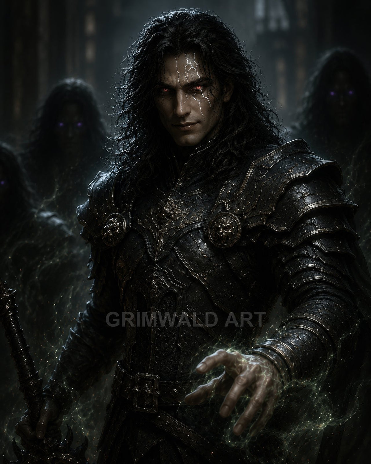 Dark-haired man in black armour with glowing red eyes casts green necromantic energy as shadowy wraiths gather behind him inside a gothic cathedral.