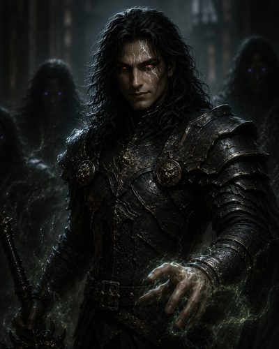 GRID THUMBNAIL — Dark-haired man in black armour with glowing red eyes casts green necromantic energy as shadowy wraiths gather behind him inside a gothic cathedral.