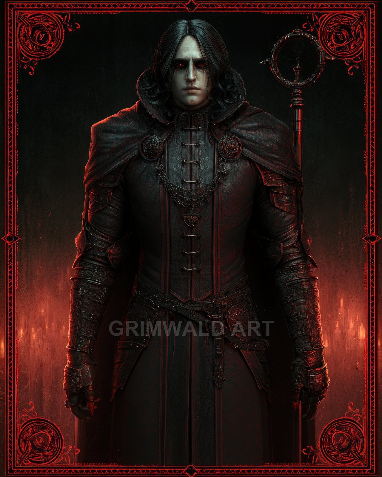 Pale, red-eyed male mage in black armour and robes holding a ring-topped staff, framed by a red ornamental border and candlelit dark interior.