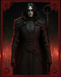 GRID THUMBNAIL — Pale, red-eyed male mage in black armour and robes holding a ring-topped staff, framed by a red ornamental border and candlelit dark interior.