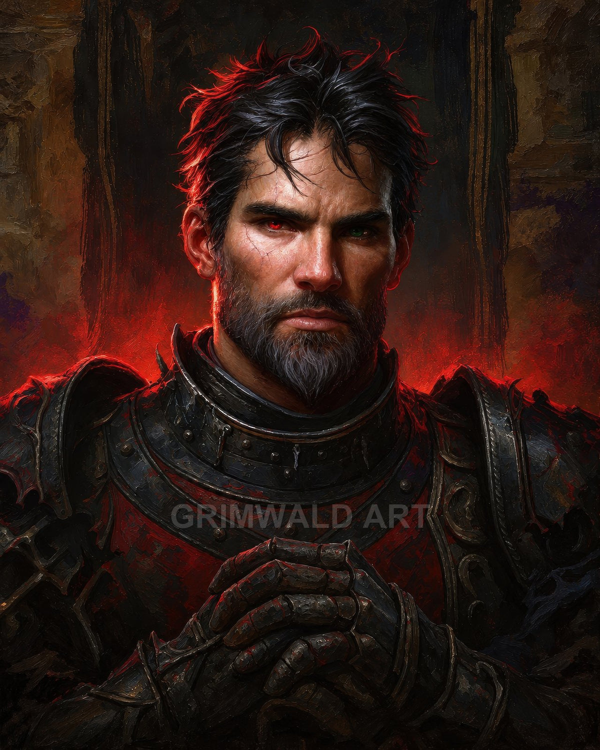 Firelit portrait of a stern bearded knight in black gothic armour, clasped gauntlets and heterochromic eyes, red glow haloing his battle-scarred face.