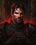GRID THUMBNAIL — Firelit portrait of a stern bearded knight in black gothic armour, clasped gauntlets and heterochromic eyes, red glow haloing his battle-scarred face.