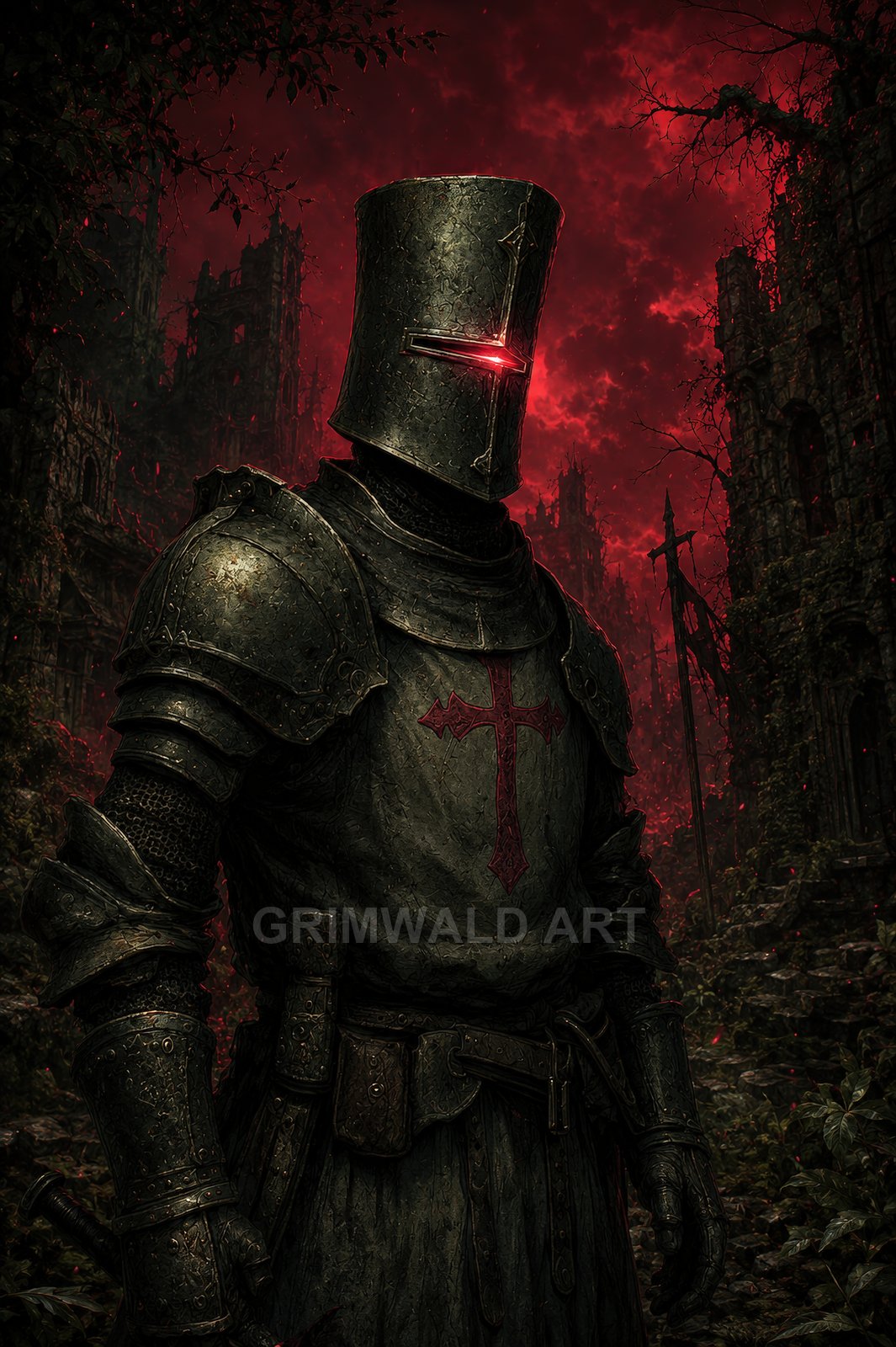 Armoured knight with bucket helm and glowing red visor stands in overgrown ruins beneath a blood-red sky, cross-emblazoned tabard and sword at hip.
