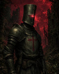 GRID THUMBNAIL — Armoured knight with bucket helm and glowing red visor stands in overgrown ruins beneath a blood-red sky, cross-emblazoned tabard and sword at hip.