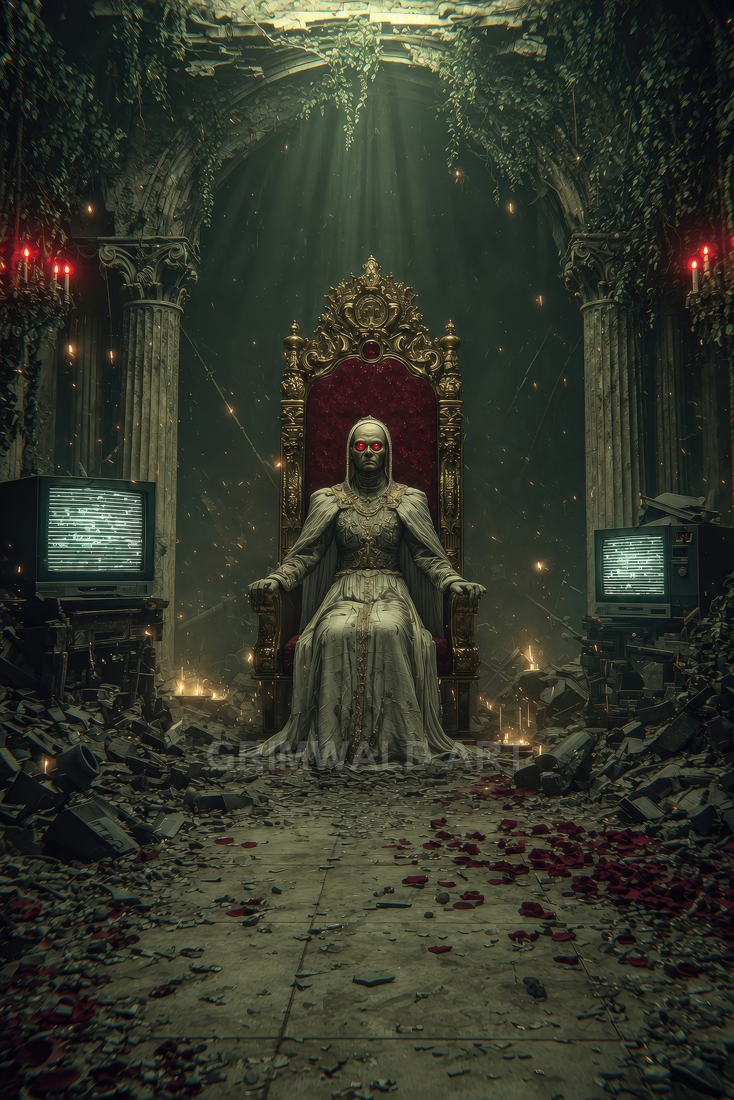 An undead, red-eyed figure in ornate robes sits on a gilded throne in a ruined, vine-clad cathedral, flanked by static-filled CRT televisions.