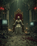 GRID THUMBNAIL — An undead, red-eyed figure in ornate robes sits on a gilded throne in a ruined, vine-clad cathedral, flanked by static-filled CRT televisions.