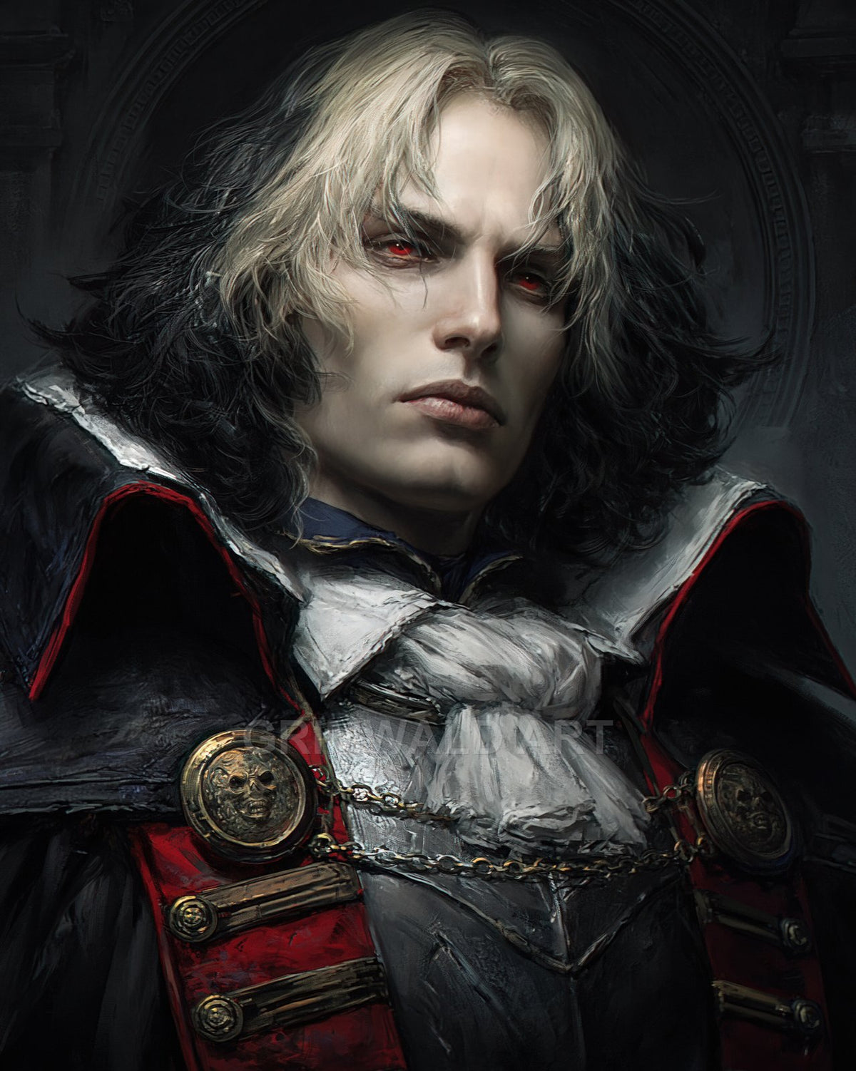 Gothic portrait of a pale, red-eyed vampire in ornate black and crimson coat with white cravat and medallions, set against a shadowy interior.
