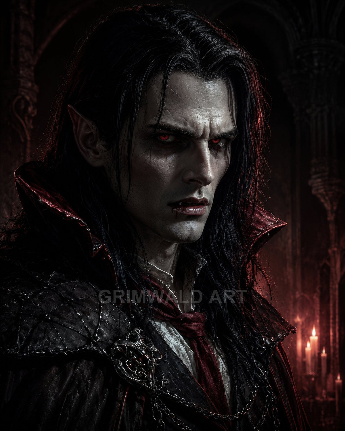 Portrait of a pale male vampire with glowing red eyes and fangs, wearing ornate dark clothing in a candlelit gothic interior.