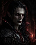 GRID THUMBNAIL — Portrait of a pale male vampire with glowing red eyes and fangs, wearing ornate dark clothing in a candlelit gothic interior.