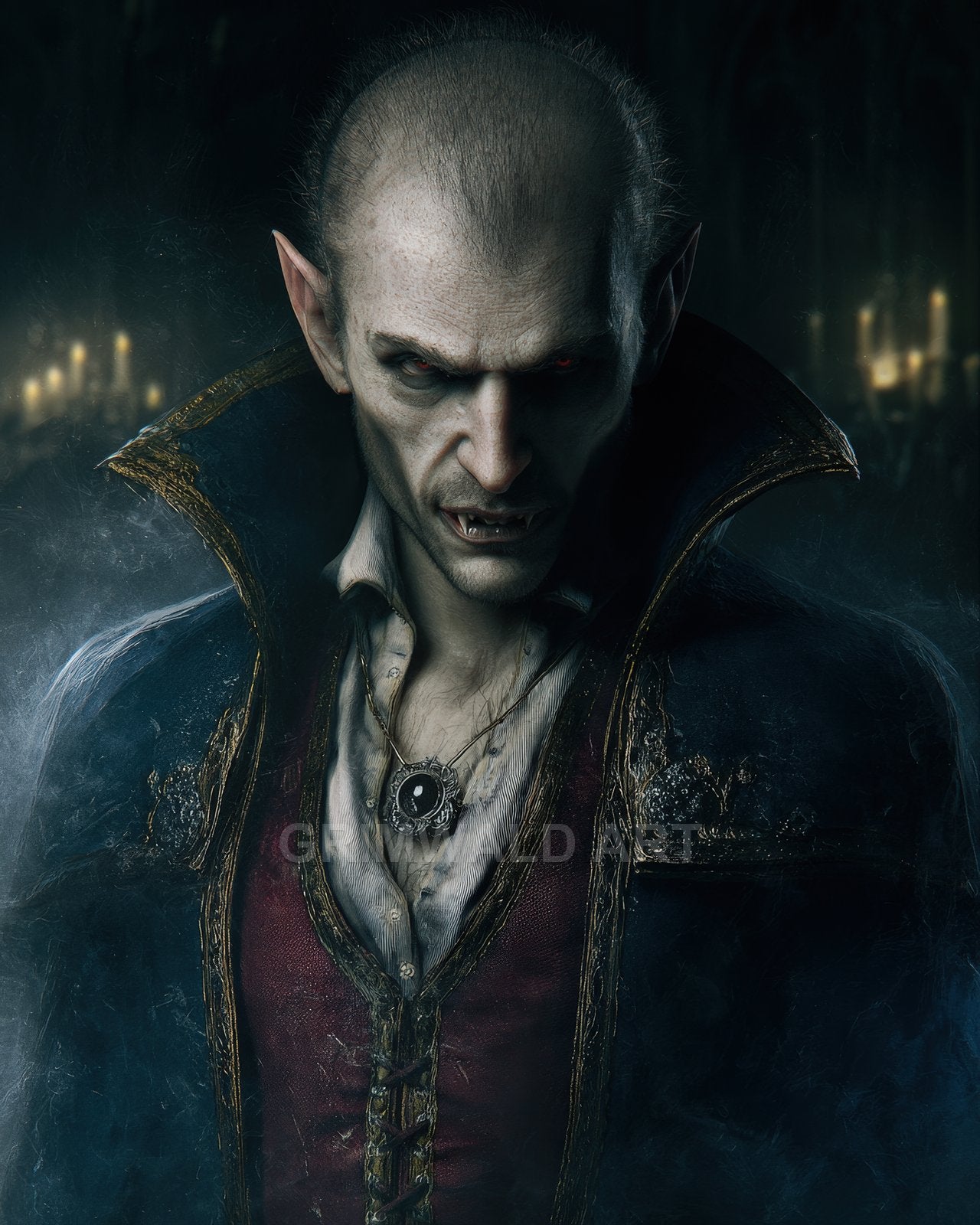 Gaunt male vampire with red eyes and fangs, wearing a high-collared blue coat and pendant, in a candlelit gothic interior with drifting mist.