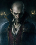 GRID THUMBNAIL — Gaunt male vampire with red eyes and fangs, wearing a high-collared blue coat and pendant, in a candlelit gothic interior with drifting mist.