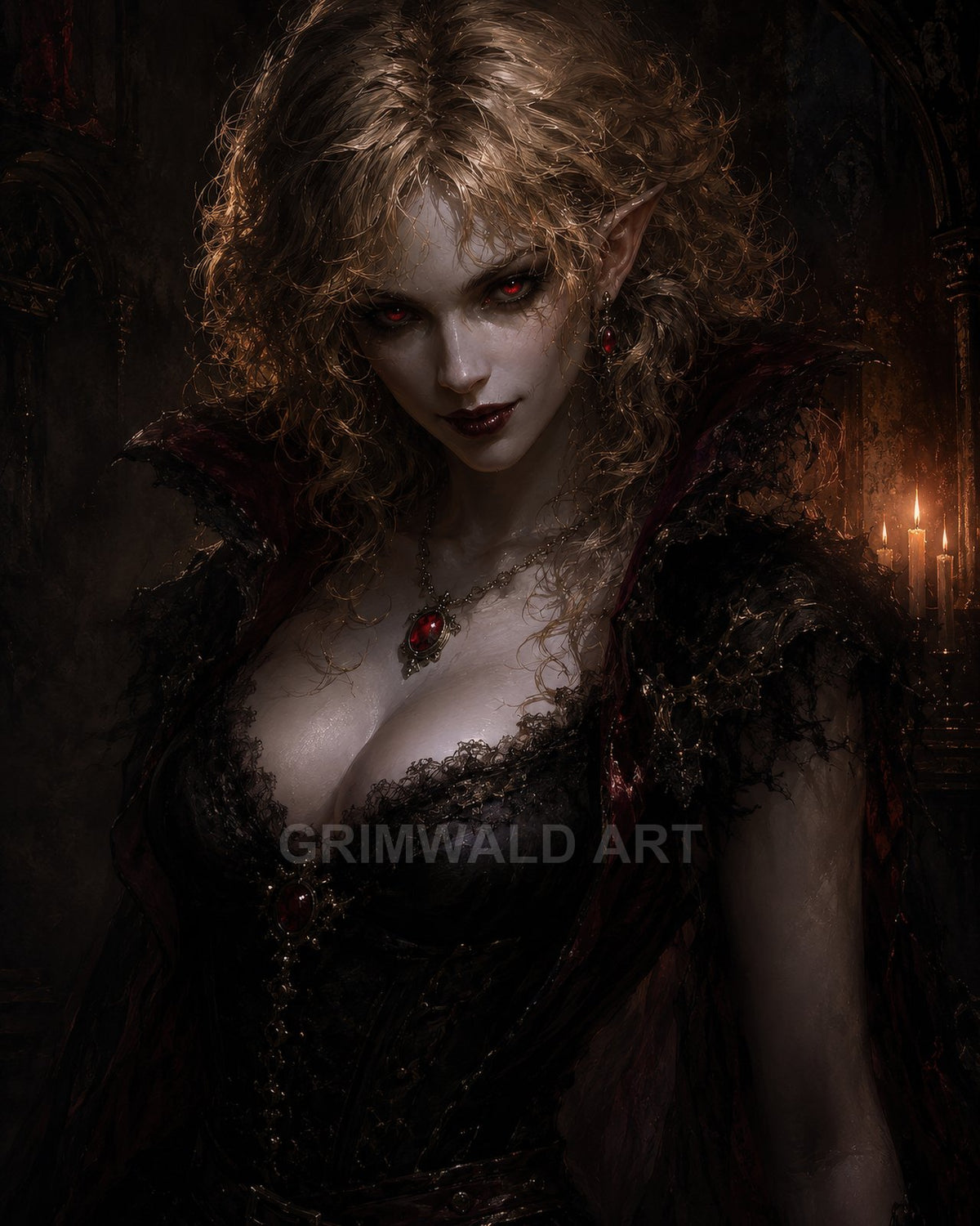 Red-eyed female vampire with pointed ears and ornate jewellery stands in a candlelit gothic interior, pale skin and dark lace corset.