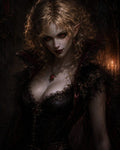 GRID THUMBNAIL — Red-eyed female vampire with pointed ears and ornate jewellery stands in a candlelit gothic interior, pale skin and dark lace corset.