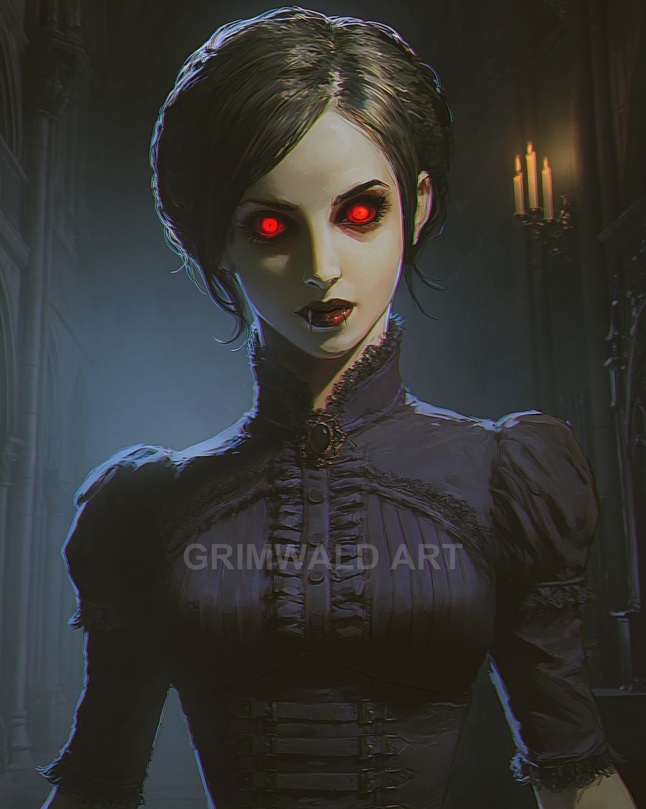 Portrait of a female vampire with glowing red eyes and fangs, wearing a Victorian black dress in a candlelit gothic cathedral interior at night.