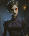 GRID THUMBNAIL — Portrait of a female vampire with glowing red eyes and fangs, wearing a Victorian black dress in a candlelit gothic cathedral interior at night.