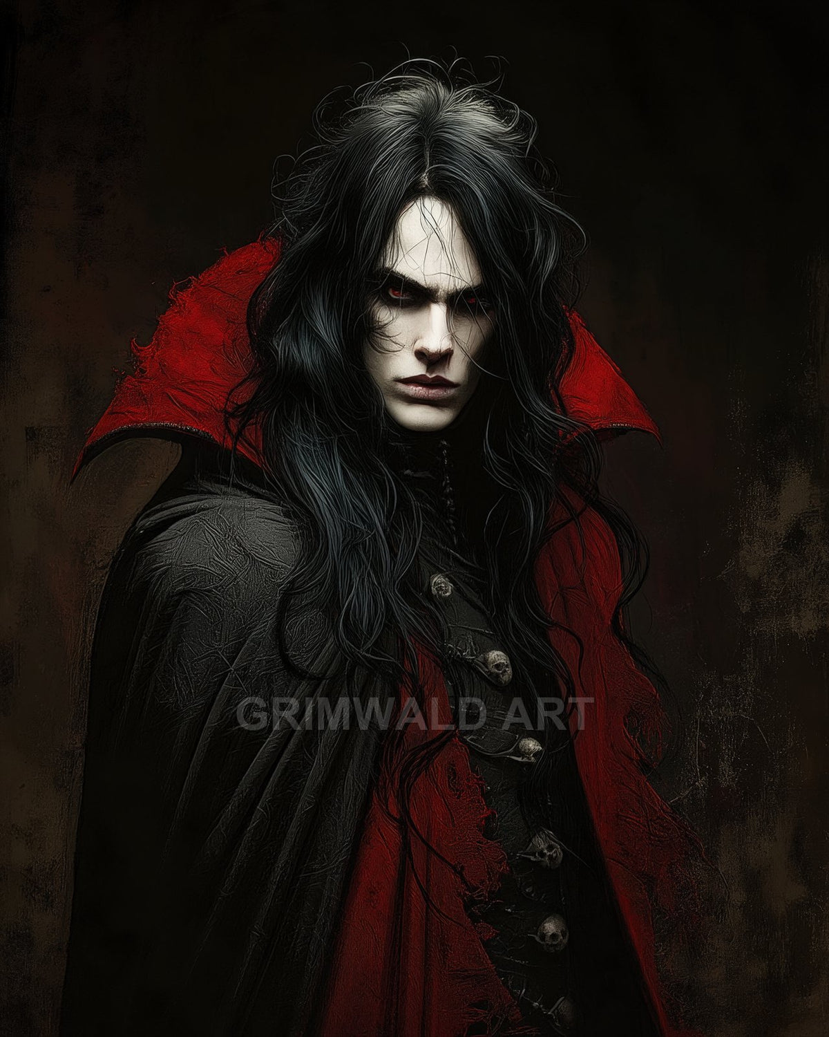Androgynous vampire with pale skin and red eyes wearing a black and crimson tattered cloak with skull buttons against a dark background.