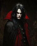 GRID THUMBNAIL — Androgynous vampire with pale skin and red eyes wearing a black and crimson tattered cloak with skull buttons against a dark background.