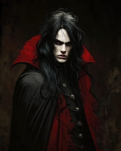 GRID THUMBNAIL — Androgynous vampire with pale skin and red eyes wearing a black and crimson tattered cloak with skull buttons against a dark background.